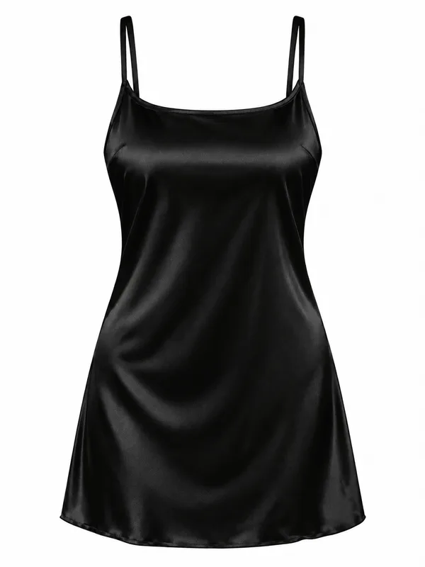 Lace-Back Satin Slip, Black, studio, front