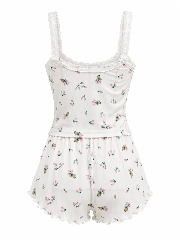 Lace-Trim Ribbed Cami and Shorts, White, studio, back