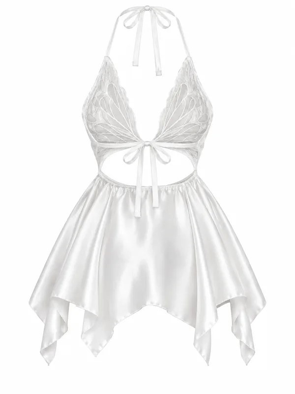 Lace Bodice Satin Babydoll, White, studio, back