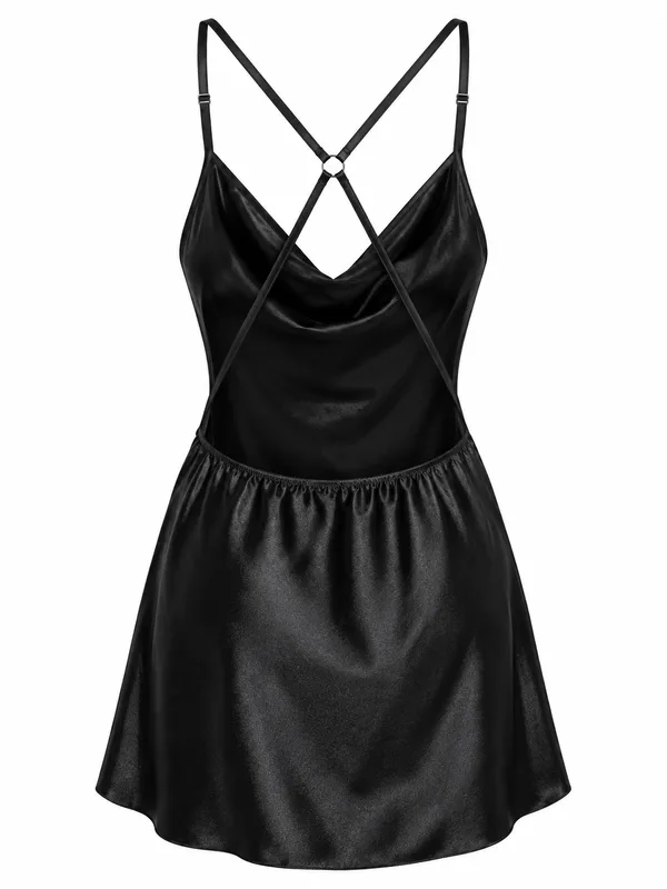 Satin V-Neck Mini Slip, Black, studio, back