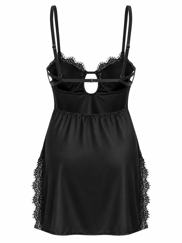 Lace-Trim Cutout Slip, Black, studio, back