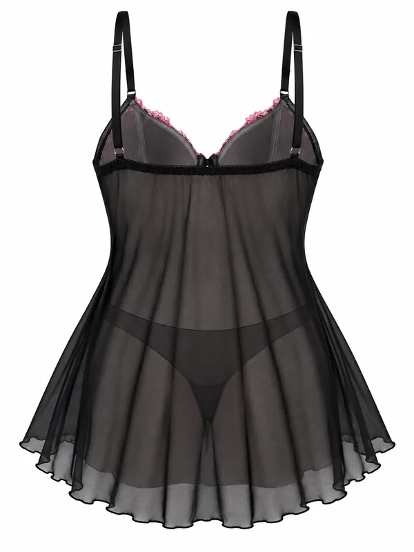 Floral Lace-Trim Mesh Babydoll, Black, studio, back