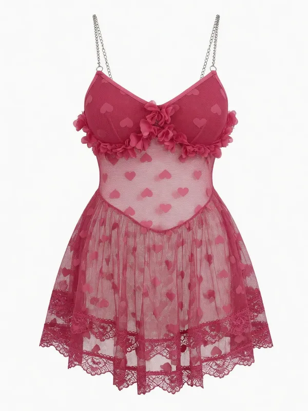 Heart Mesh Lace-Trim Babydoll in Fuchsia
