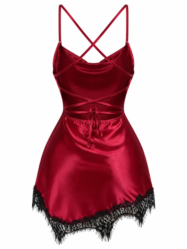 Satin Lace-Trim Slip, Burgundy, studio, back