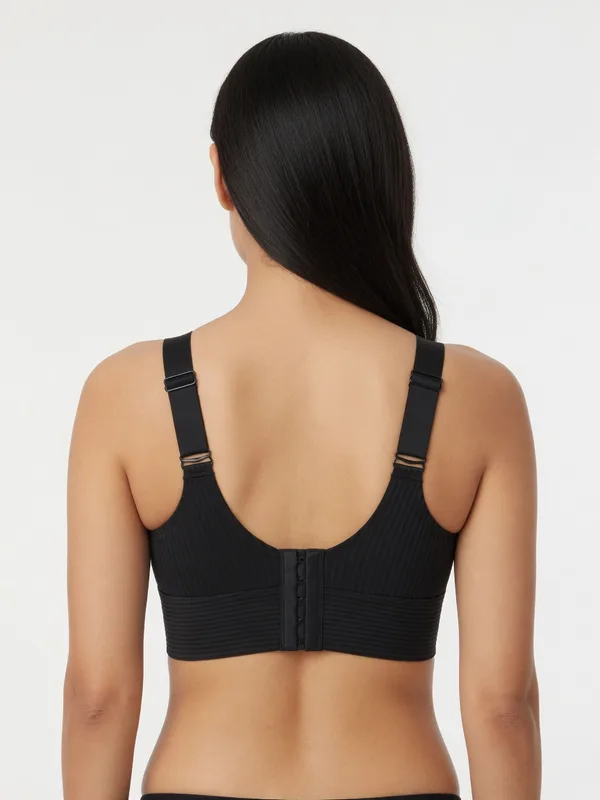 Ribbed V-Neck Wireless Bra, Black, model, back