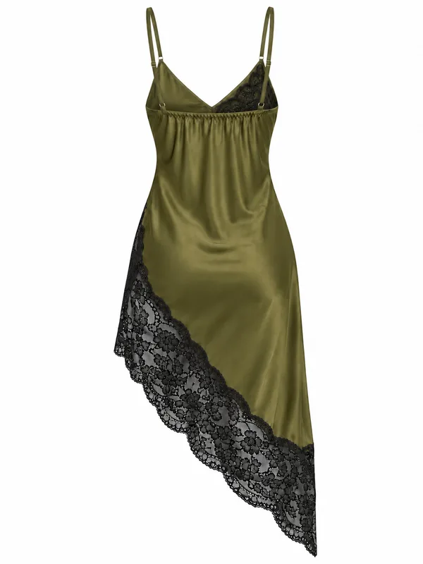 Lace-Trim Satin Slip, Dark Green, studio, back