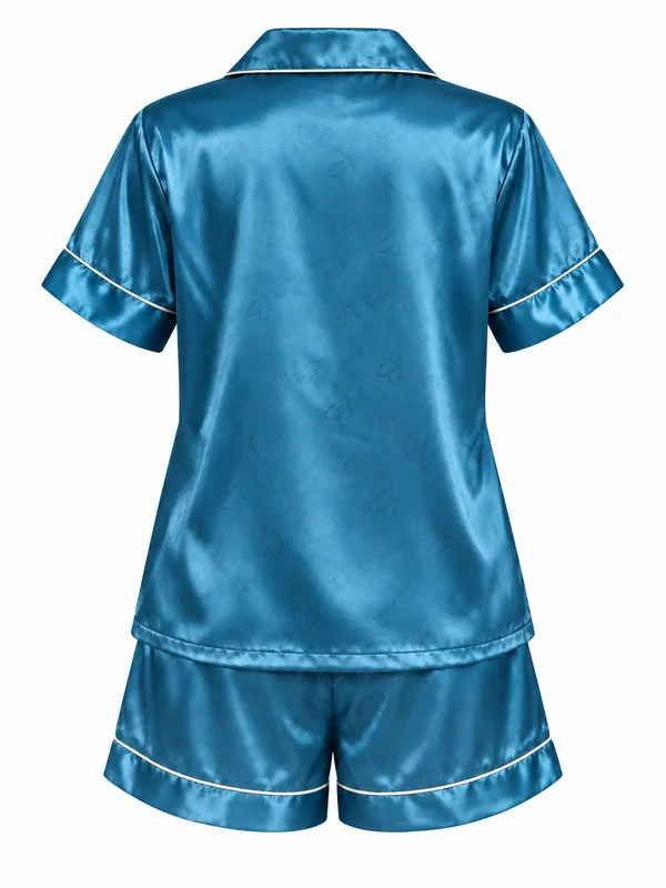 Satin Short-Sleeve Shirt and Shorts Sleepwear, Blue, studio, back