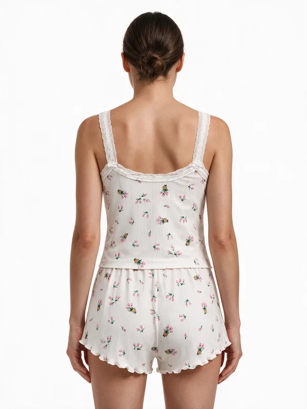 Lace-Trim Ribbed Cami and Shorts, White, model, back