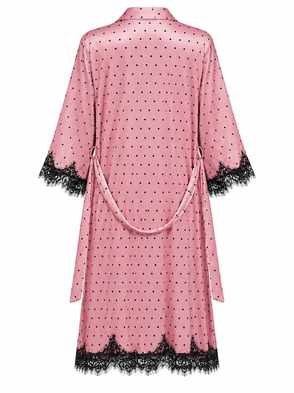 Polka-Dot Lace-Trim Slip Dress and Long Robe, Pink, studio, back