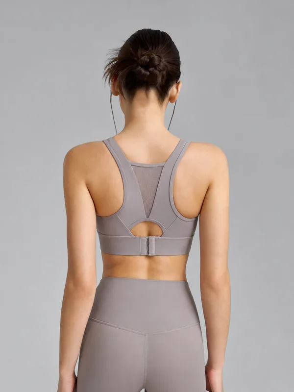 Mesh-Back Racerback Sports Bra, Cocoa, model, back