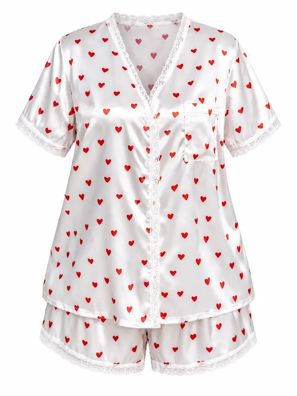 Heart-Print Satin Lace-Trim Pajama Shirt and Shorts, White, studio, front