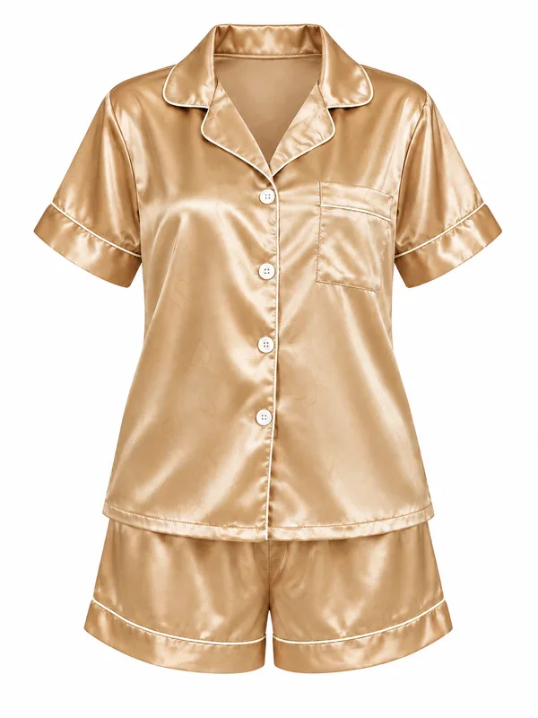 Satin Short-Sleeve Shirt and Shorts Sleepwear, Gold, studio, front