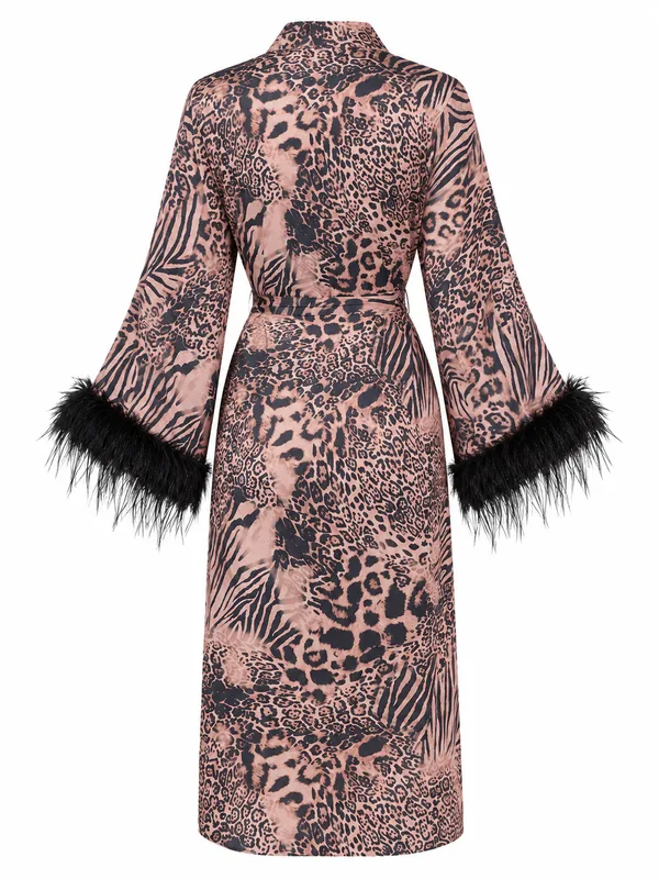 Animal Print Feather-Trim Long Robe, Leopard Print, studio, back