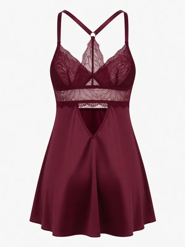 Lace Bodice Racerback Babydoll, Burgundy, studio, back