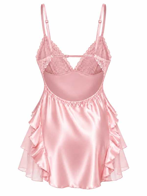 Satin Lace-Trim Babydoll, Pink, studio, back