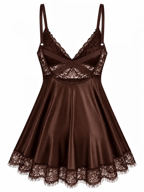 Lace-Trim Satin Babydoll, Coffee, studio, back
