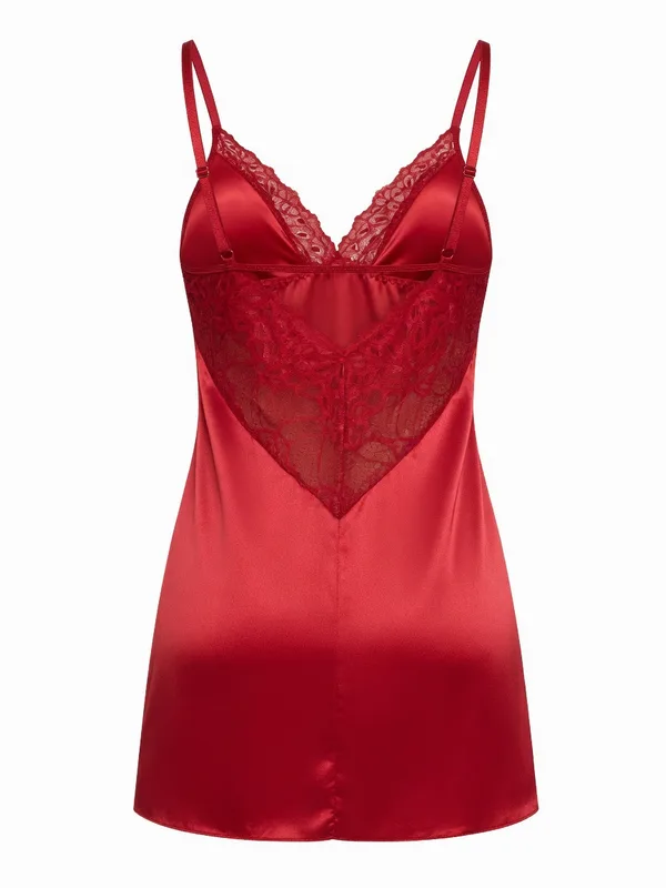 Lace-Trim Satin Babydoll, Red, studio, back