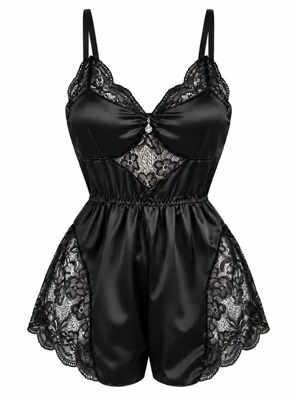Lace-Trim Satin Teddy, Black, studio, front