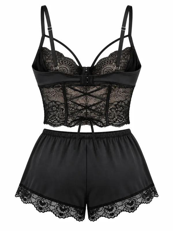Longline Lace Bralette and Lace-Trim Shorts, Black, studio, back