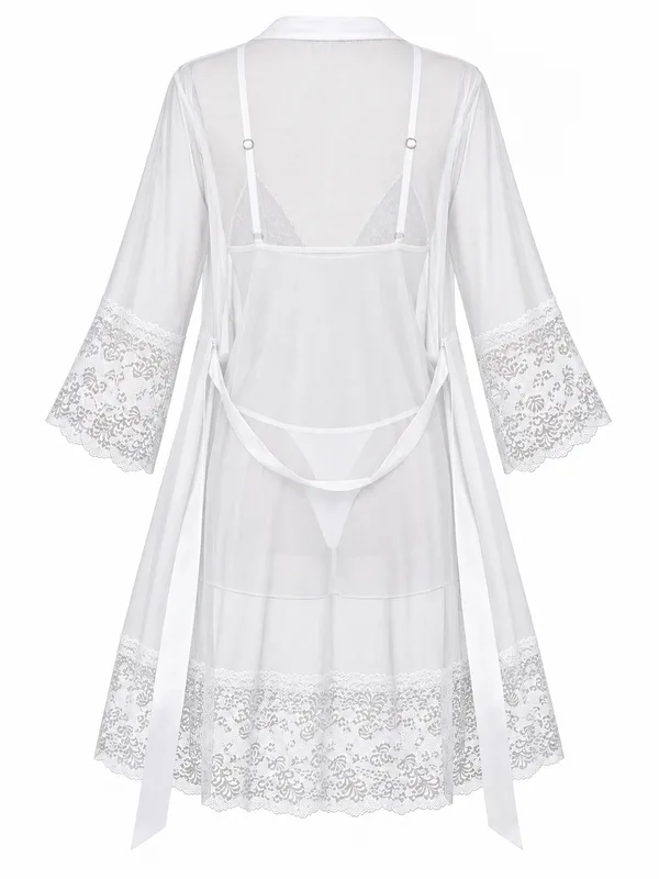 Lace-Trim Mesh Babydoll and Sheer Robe, White, studio, back