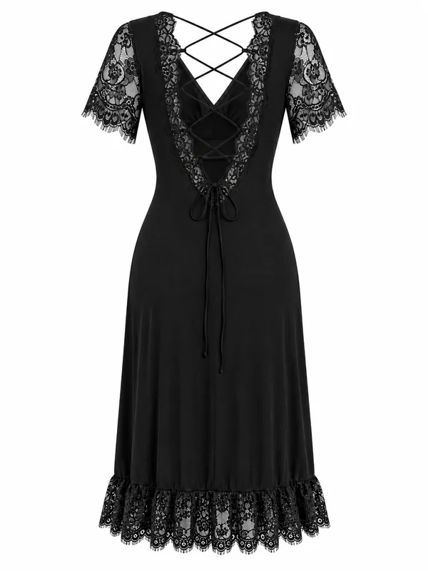 Long Lace-Sleeve V-Neck Slip, Black, studio, back