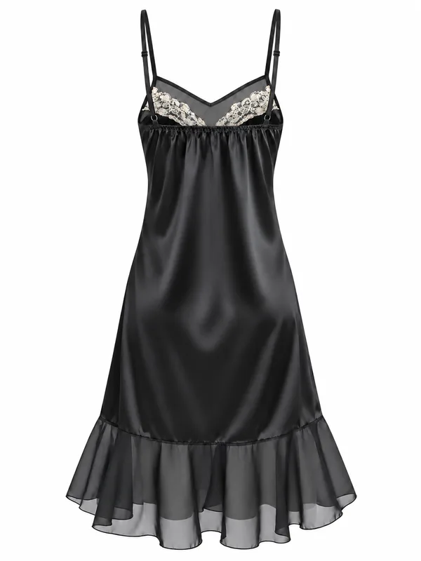 Lace-Trim Mesh-Hem Satin Slip, Black, studio, back