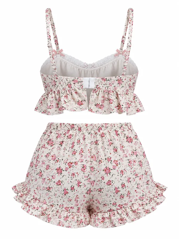 Floral Ruffle Cami and Shorts, Off-White, studio, back