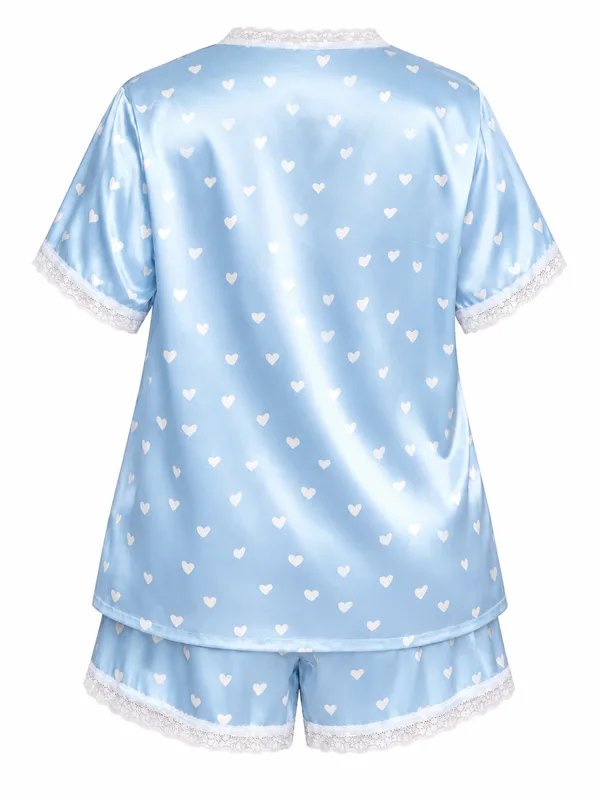 Heart-Print Satin Lace-Trim Pajama Shirt and Shorts, Light Blue, studio, back