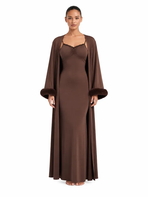 Lace-Trim Long Slip and Fur-Cuff Robe in Coffee