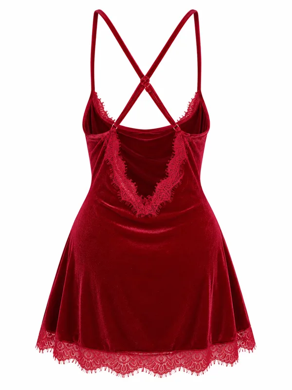 Lace-Trim Velvet Slip, Burgundy, studio, back