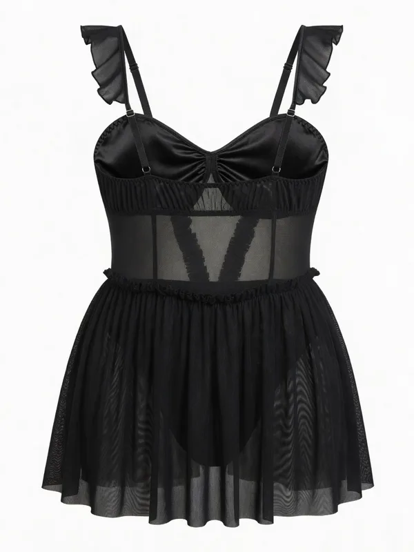 Mesh Babydoll with Ruffle Straps, Black, studio, back