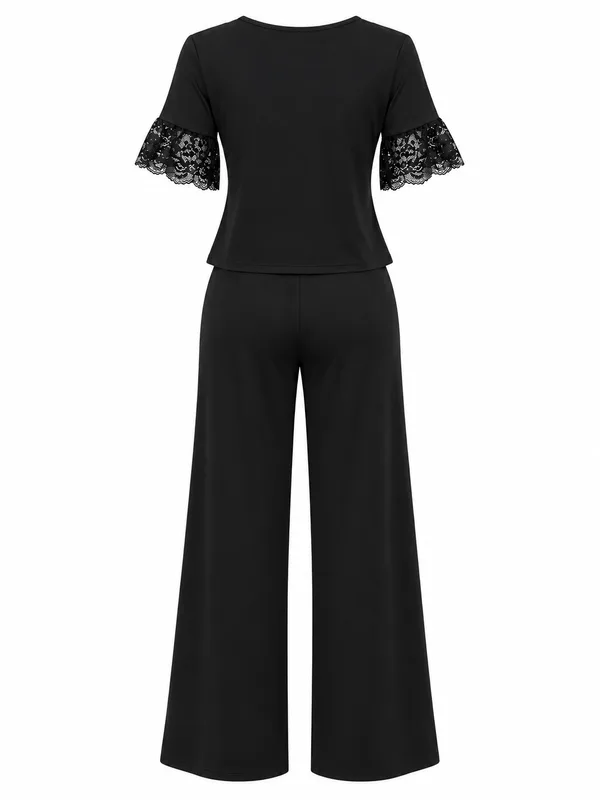Lace-Trim V-Neck Pajama Top and Pants, Black, studio, back