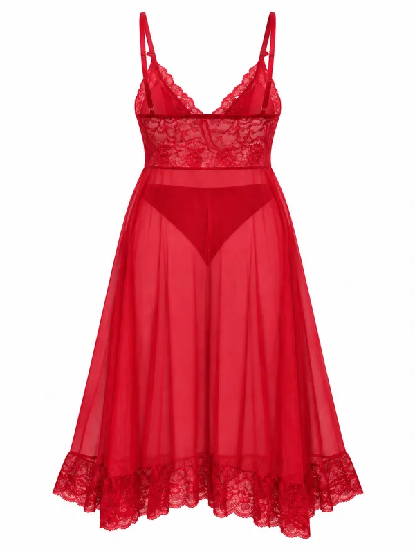 Lace-Trim Mesh Long Slip, Burgundy, studio, back