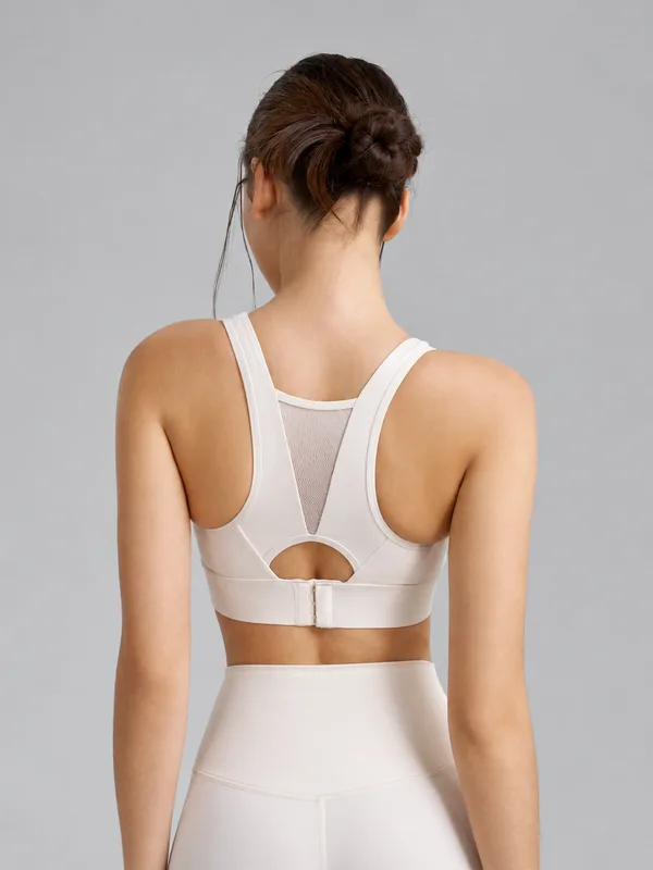 Mesh-Back Racerback Sports Bra, Cream White, model, back
