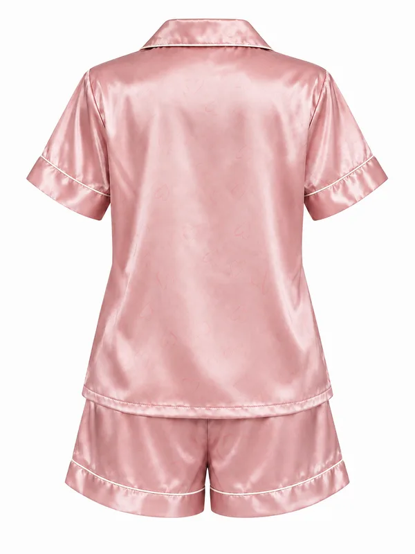 Satin Short-Sleeve Shirt and Shorts Sleepwear, Pink, studio, back
