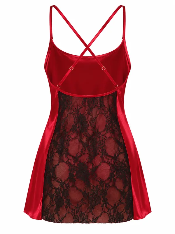 Lace-Back Satin Slip, Red, studio, back