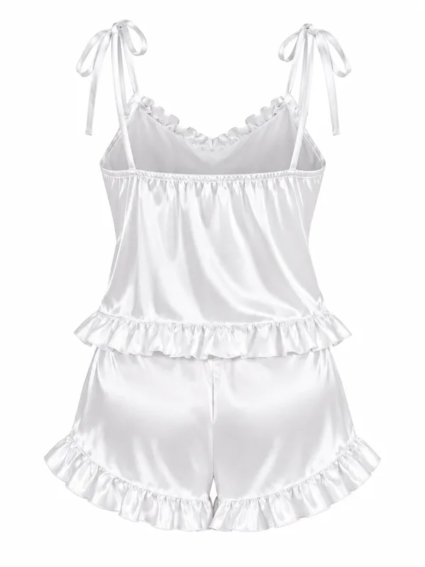 Satin Ruffle-Trim Cami and Shorts, White, studio, back