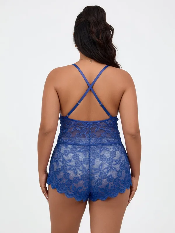 Lace Cutout Chain Teddy, Royal Blue, model, back