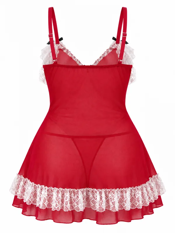 Lace-Trim Mesh Babydoll, Red, studio, back