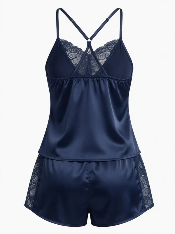 Lace-Trim Satin Camisole and Shorts, Navy, studio, back