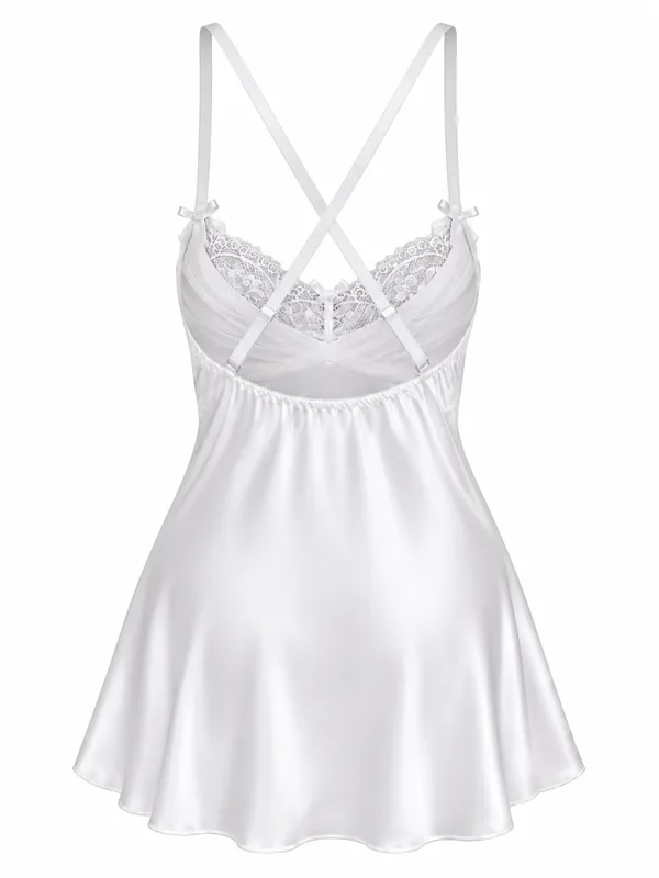 Lace-Trim Satin Slip Dress, White, studio, back