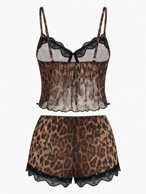Leopard Print Lace-Trim Cami and Shorts, Leopard Print, studio, back