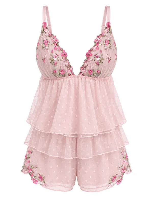 Floral Embroidered Dotted Mesh Cami and Shorts, Pink, studio, front