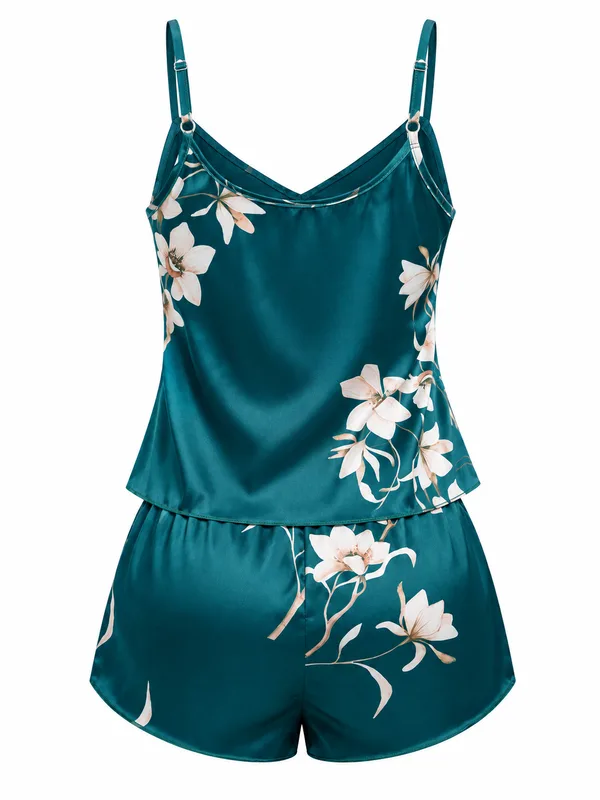 Floral Satin Cami and Shorts, Dark Green, studio, back