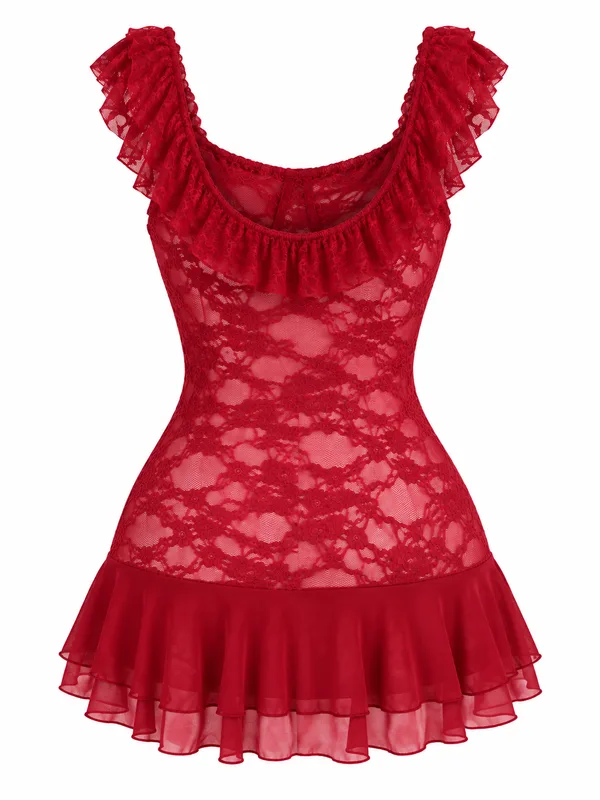 Ruffled Lace Mesh Babydoll, Red, studio, back