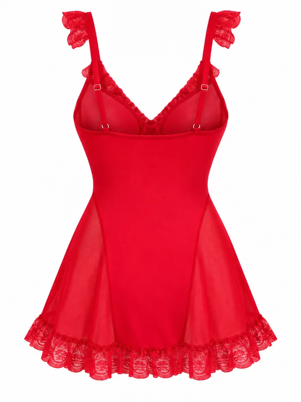Lace-Trim Mesh Babydoll, Red, studio, back