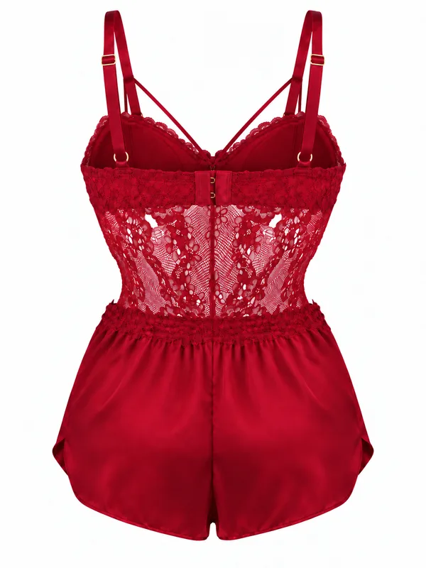 Strappy Lace Bralette and Satin Short, Burgundy, studio, back