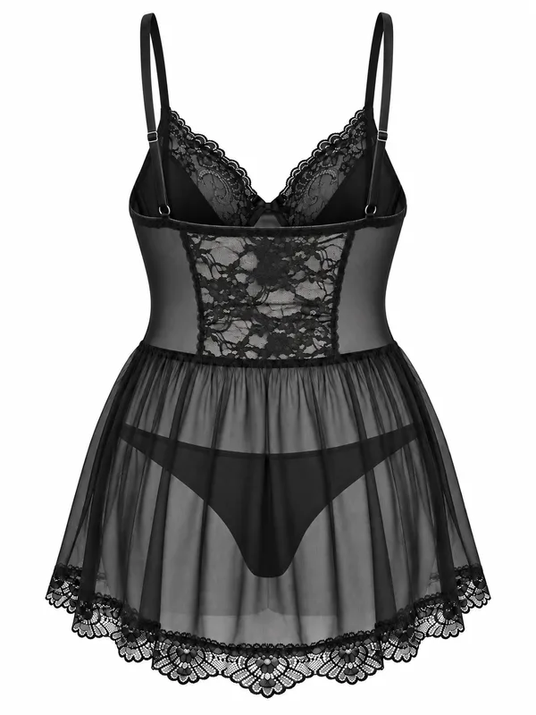 Lace-Trim Mesh Babydoll, Black, studio, back
