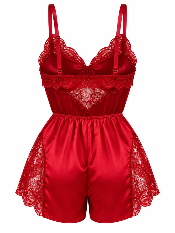 Lace-Trim Satin Teddy, Red, studio, back