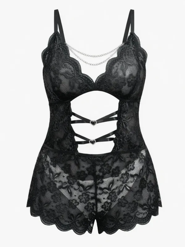 Lace Cutout Chain Teddy, Black, studio, front